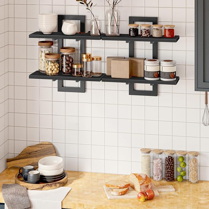 HOOBRO Floating Shelves, 15 Inch Wall Shelf Set of 2, Wall Mounted Storage Shelves 2-Tier, Hanging Bathroom Shelves, for Living Room, Bedroom, Bathroom, Kitchen, Black BK32BJ01