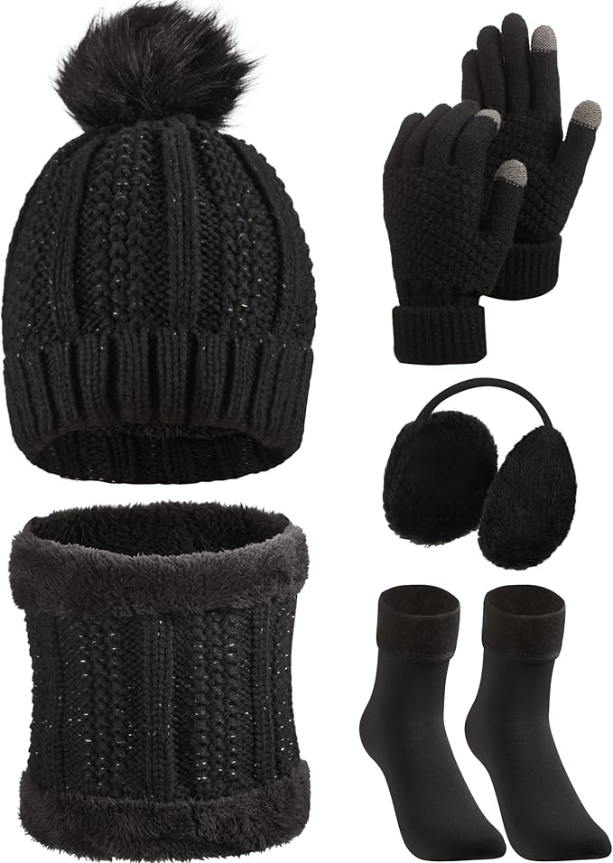 SATINIOR 5 Pcs Winter Hat Scarf Gloves Set Fleece Lined Knit Beanie Hat Warm Touch Screen Gloves Earmuff Warmer for Women(Black,Classic Style)