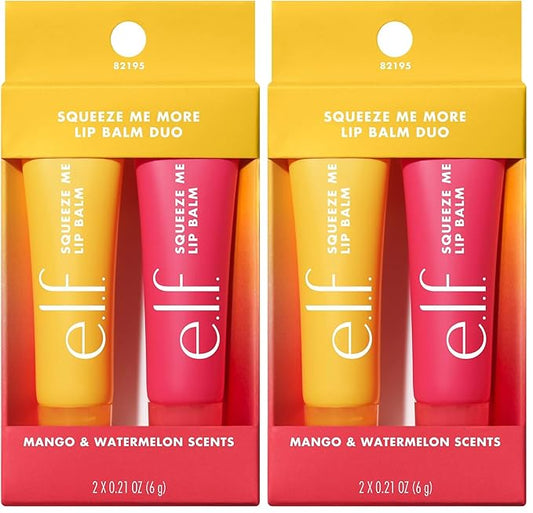 e.l.f. Squeeze Me More Lip Balm Duo, Moisturizing Balm For A Sheer Tint Of Color, Made With Hyaluronic Acid, Vegan & Cruelty-Free, Mango & Watermelon (Pack of 2)