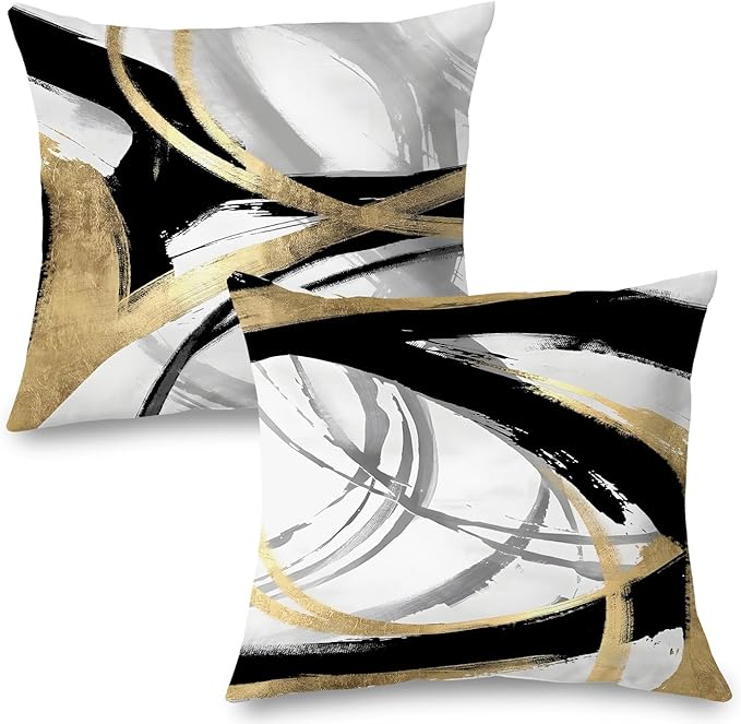 Black White and Gold Pillow Covers, Abstract Black and Gold Pillow Covers 20x20 Set of 2, Modern Boho Home Decor, Black and Gold Decorative Throw Pillows Cover for Couch Living Room Bedroom