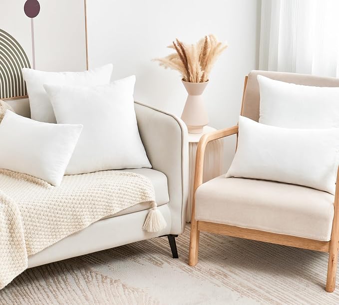 Throw Pillow Covers White Decorative Velvet Set of 2 18x18 Inch Pillow Covers, Soft Pillow Covers for Couch Sofa Bed Living Room, Farmhouse Neutral Home Boho Decor, Square Accent Cushion Cases