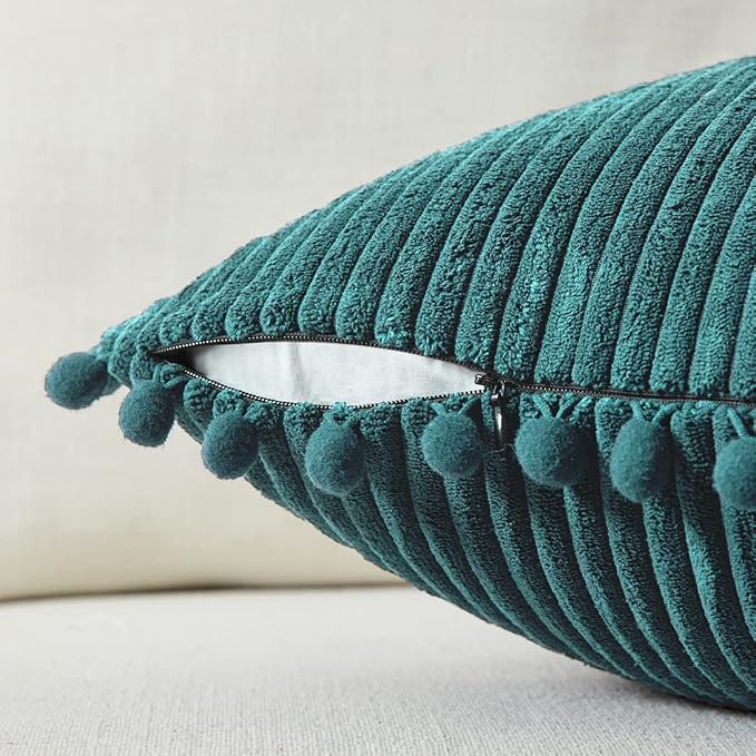 Fancy Homi 24x24 Pillow Covers, 2 Packs Teal Throw Pillow Covers with Pom-poms, Super Soft Corduroy Square Solid Cushion Cover for Couch Sofa Bedroom Living Room 60x60 cm