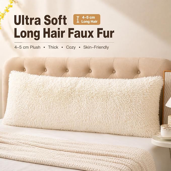 Reafort Luxury Long Hair, PV Fur, Faux Fur Body Pillow Cover/Case 21inx54in with Hidden Zipper Closure (Cream, 21inX 54in Pillow Cover) | Ultra-soft long hair faux fur with a hidden zipper offers luxurious comfort and is machine washable for easy care.