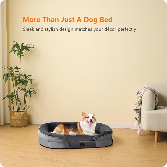 Dwanton Orthopedic Waterproof Medium Dog Bed Sofa, Gel Memory Foam, 36" | Egg-Crate Foam Dog Sofa, Washable Pet Bed with Four Sided Bolster Cushion, Removable Cover & Non-Slip Bottom, Dark Grey