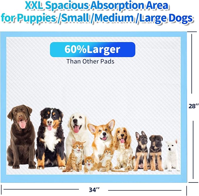 Upgrade Leak-Proof Pet Training and Puppy Pads, Jumbo Pee Pads for Dogs with Thicken Polymer Heavy Absorbency, Quick Dry Disposable Pee Pads for Cats Dogs - 100 Counts