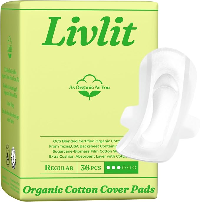 Livlit Regular Size Ultra Thin Sanitary Pads, 100% Organic Cotton from Texas, Powerful Leak Protection, Unscented, Chlorine Free and Absorbency of Feminine Periods, Pads for Women (36 Count)