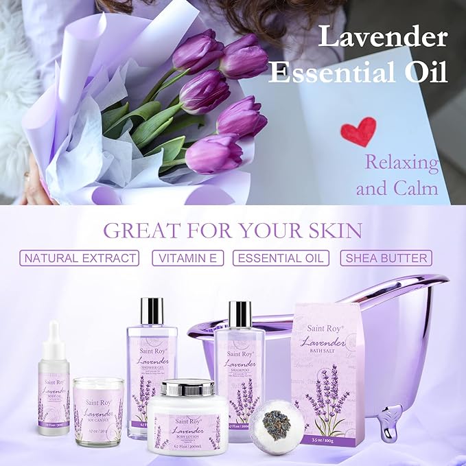 Mothers Day Gifts for Women, Lavender Bath and Body Gift Basket, Spa Kit for Women, Self-Care Relaxation Set, Home Spa Gift Basket, Birthday, Christmas, Bath Spa Kit Woman gift, Anniversary