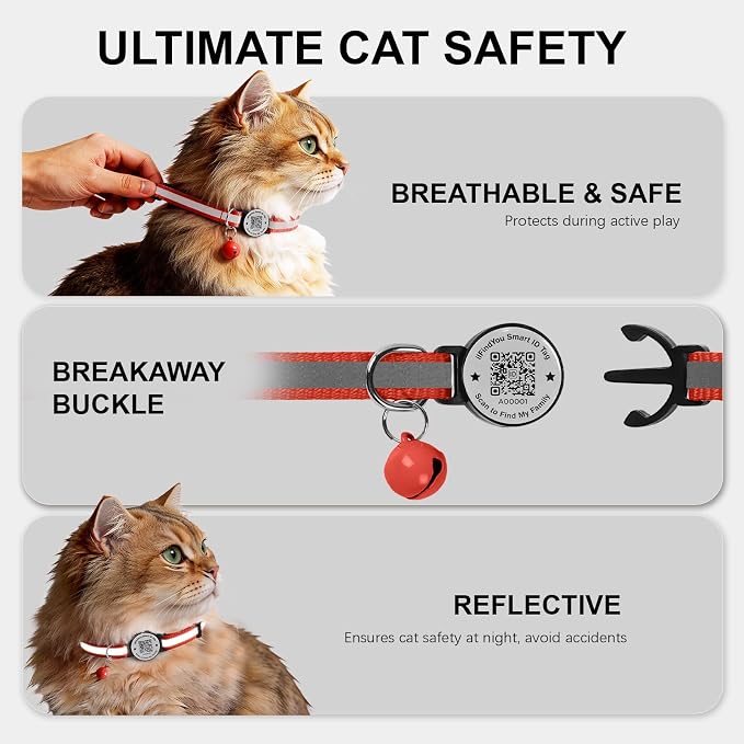 Breakaway Cat Collar QR Code, Reflective Bell, Adjustable Kitten, Red