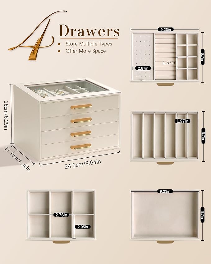 Homeanda Jewelry Boxes Organizer with Glass Lid, 4-Layer PU Leather, Beige | Modern style display case with 4 drawers for daily jewelry, women, mom or girl gift