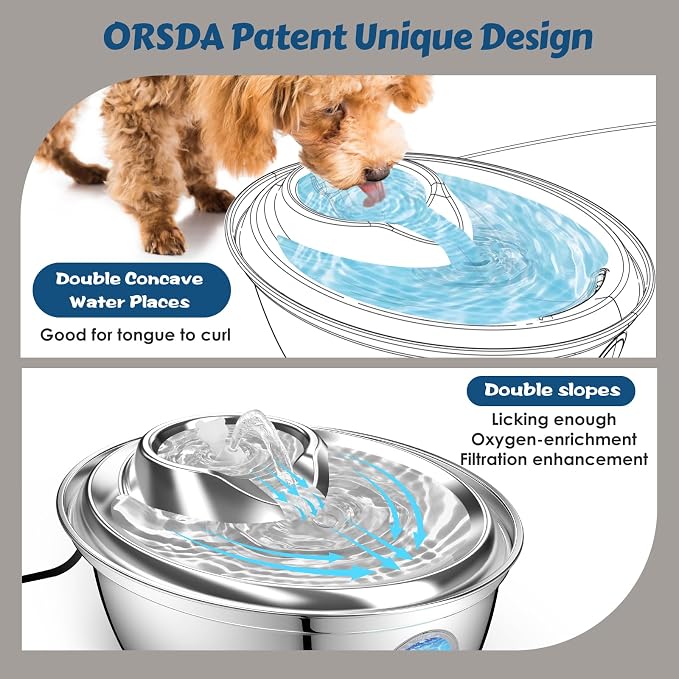 ORSDA Stainless Steel Cat Water Fountain, Automatic Pet Water Fountain, 100oz/3L Drinking Fountain Dog Water Dispenser with Water Level Window- 3 Filters +1 Pump Sponges(D66)