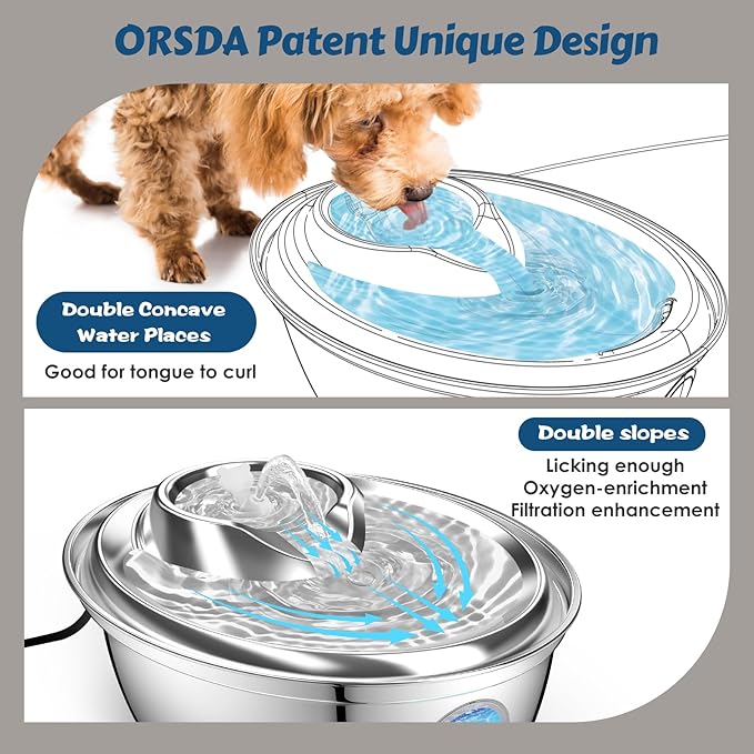 ORSDA Stainless Steel Cat Water Fountain, 100oz/3L Automatic Pet Drinking Fountain, Dog Water Dispenser Bowl with LED Window for Cats and Small & Medium Dogs- 8 Filters +4 Pump Sponges（ D66