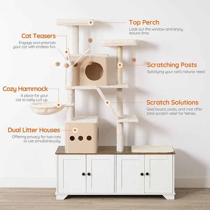 HOOBRO Double Litter Box Enclosure with Cat Tree, 45.3" L x 17.7" W x 68.9" H All-in-One Modern Cat Tower with Bed, Hidden Litter Box Enclosure Furniture, with Hammock, Sisal Posts, White WH22MZ03