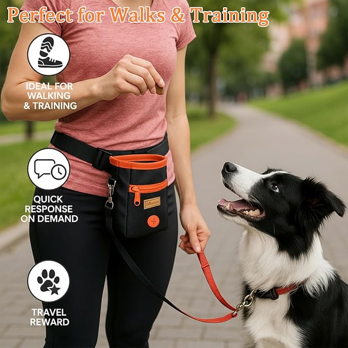 Dog Treat Pouch for Training, 2 Cup Dog Food Storage Bag with Poop Bag Dispenser, Collapsible Bowl, Adjustable Shoulder Strap, Kibble Carrier for Walking Hiking Camping, Orange Black