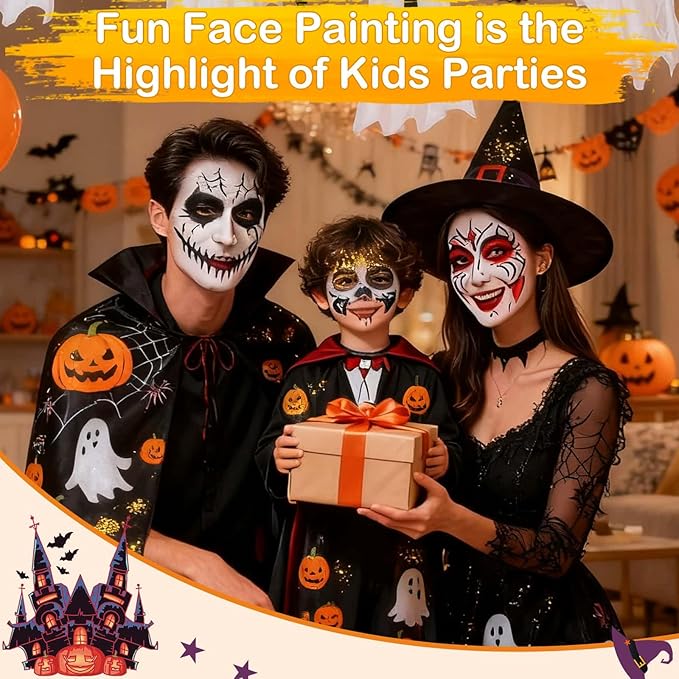 41 Color Face Painting Kit for Kids & Adults, Non-Toxic Water Activated Face Paint Palette with 28 Crayons, Reusable Stencils, Brush, Sponge, Gems - for Halloween, Birthday Party, Costume Makeup