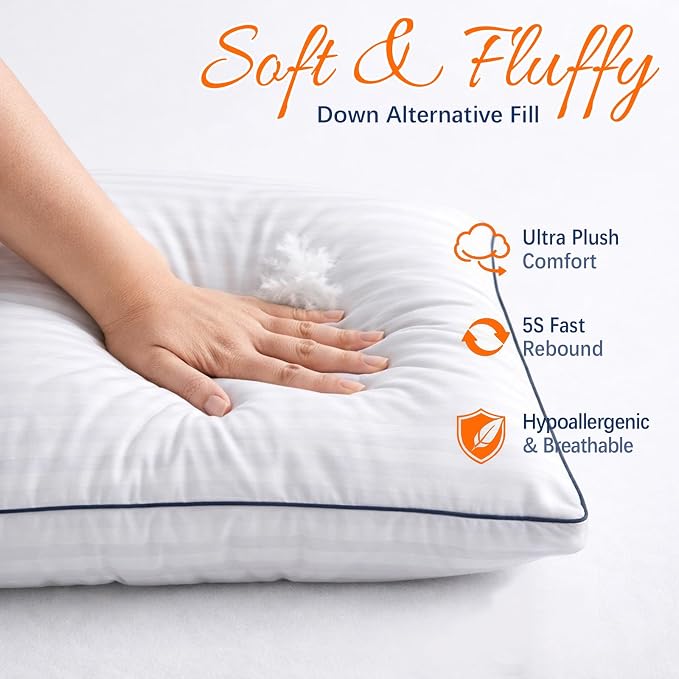Yettbea 18x18 Inches Pillow Inserts Set of 2- Premium Soft Down Alternative Fill, Decorative Throw Pillows for Couch, Bed & Sofa, Supportive White Striped Bedroom Pillow Forms