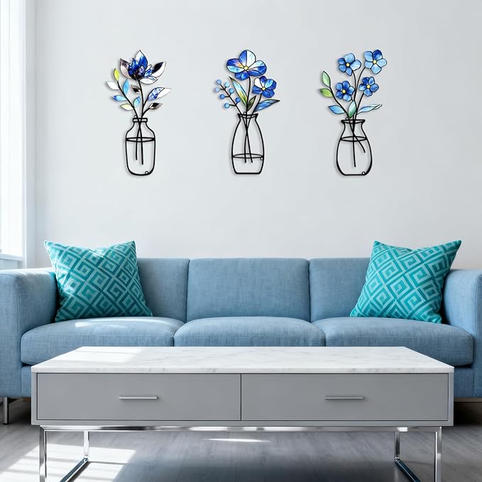 3 Pcs Metal Vase Wall Arts,Iron Art Painting,Rustic Farmhouse Decor Minimalist Flower Wall Decor for Bedroom Bathroom Living Room Dining Room(Blue, Vase-D)