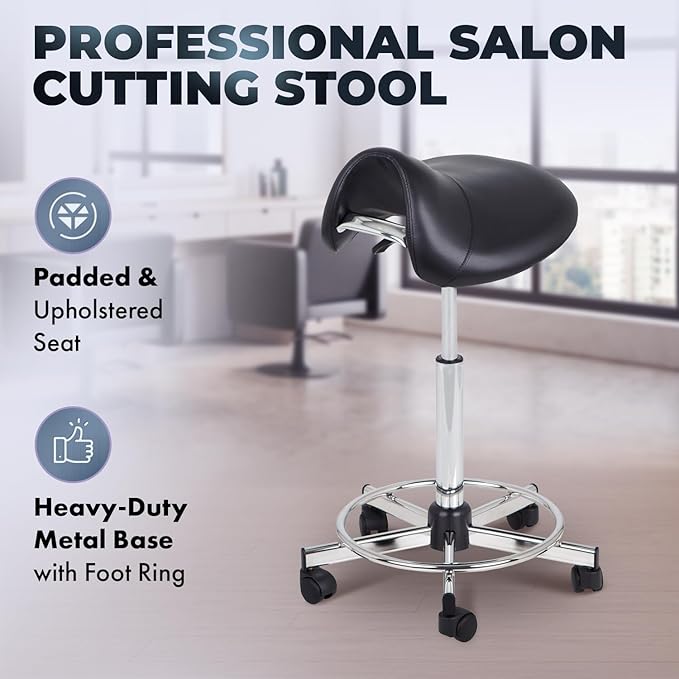 Pibbs 778 Pony Professional Cutting Stool for Salons - Adjustable Height 23"–33", Extra-Thick Upholstered Seat Cushion, Ergonomic Design for Back Relief, 5-Star Base with Smooth Casters, PIB-778