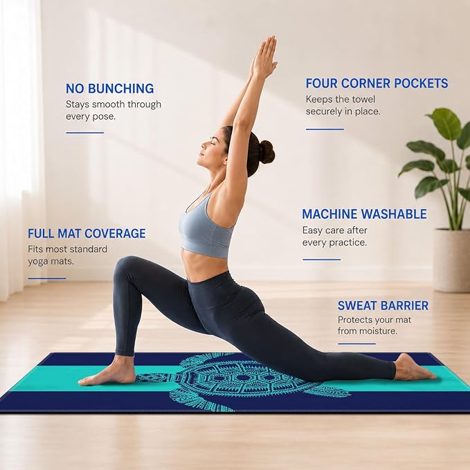 Yoga Mat Towel, Hot Yoga Non Slip with 4 Corner Pockets, 70 x 26 in | Soft Absorbent Microfiber With Four Corner Pockets, Fits Over Yoga Mats For Hot Yoga, Pilates, Gym, And Travel