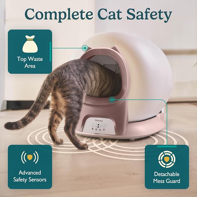 Petcove PurrTek Automatic Litter Box Self Cleaning 5GHz Wi-Fi, Odor Control | 45 dB Quiet, App Control Sealed Waste Bin, Advanced Safety Sensors, Auto Smart Self Cleaning Cat Litter Box for Multiple Cats