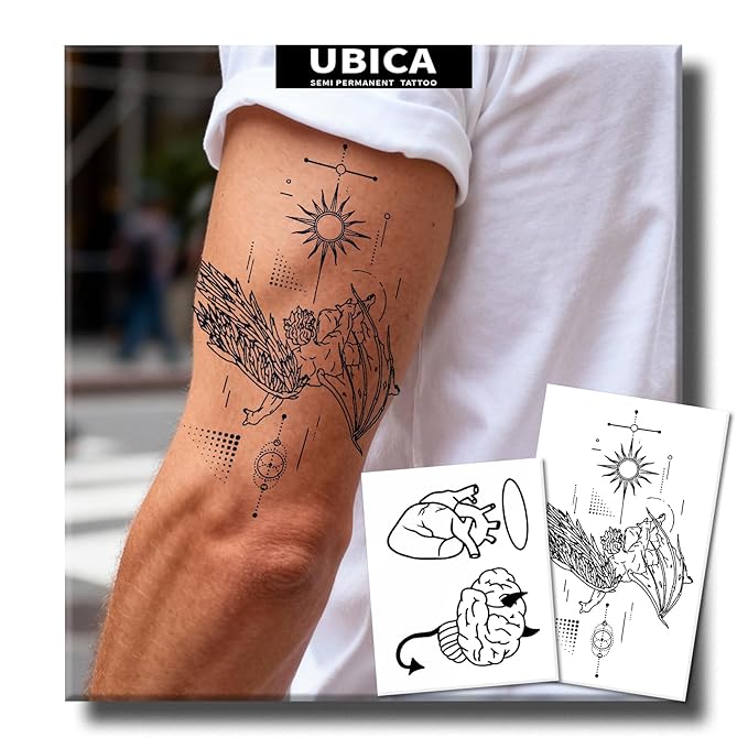 Semi Permanent Tattoos, 2 Sheets Large Realistic Angel VS Devil Temporary Tattoos for Men Women Adults Neck Arms Calf, 2 Weeks Fake Tattoos, Waterproof and Non-Reflective, Unique Design
