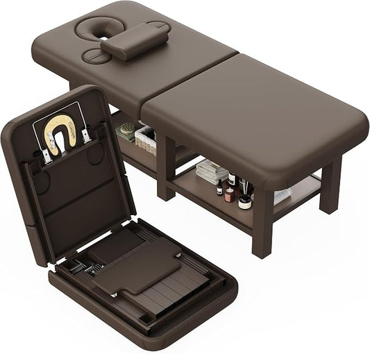 Extra Large 34''×80'' Folding Stationary Massage Table with Adjustable Backrest, Heavy-Duty Metal Frame PU Leather Treatment Bed for Spa, Physical Therapy, Tattoo, Facial & Medical Exam - Brown
