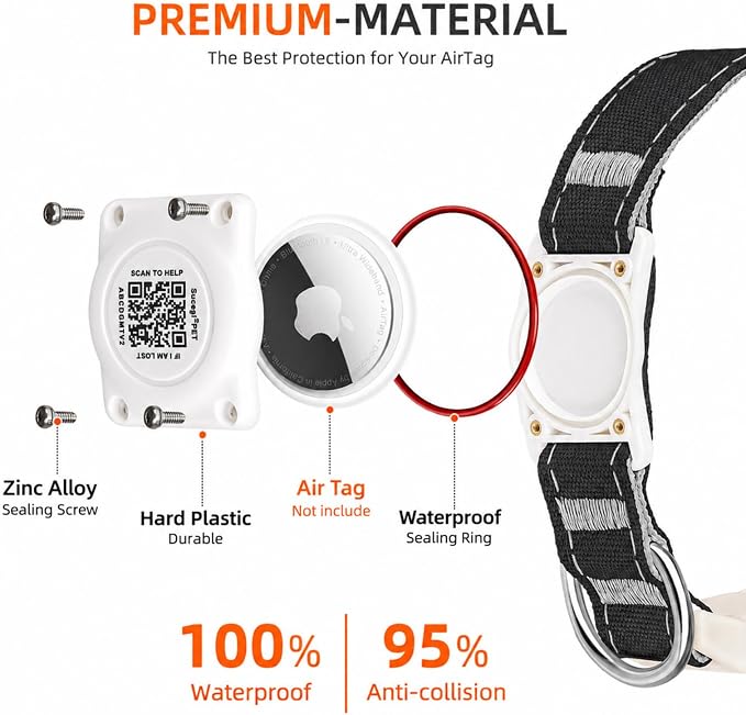 AirTag Dog Collar with QR Code ID, Collar with Air Tag Holder, Black, XL
