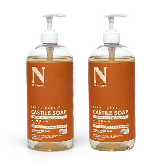 Dr. Natural Castile Liquid Soap, Almond, 2 pc - Sulfate-Free, Paraben-Free, Cruelty-Free Multi-Purpose Soap with Shea Butter, Coconut Oil, Olive Oil