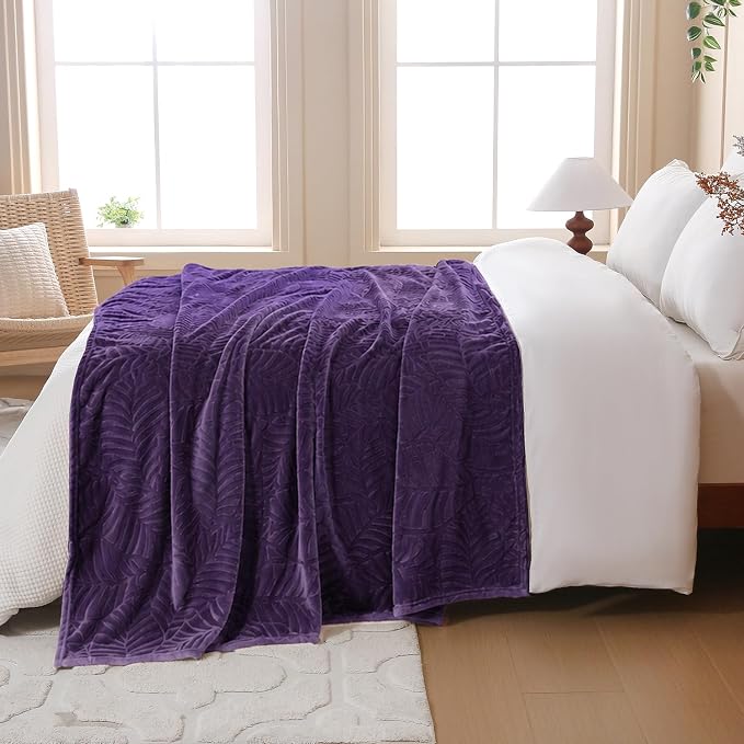 Super Soft Flannel Fleece Throw Blanket, 50 x 60 Inches, Aubergine | Lightweight Cozy Warm Leaves Textured Plush Blanket for Bed Couch Sofa