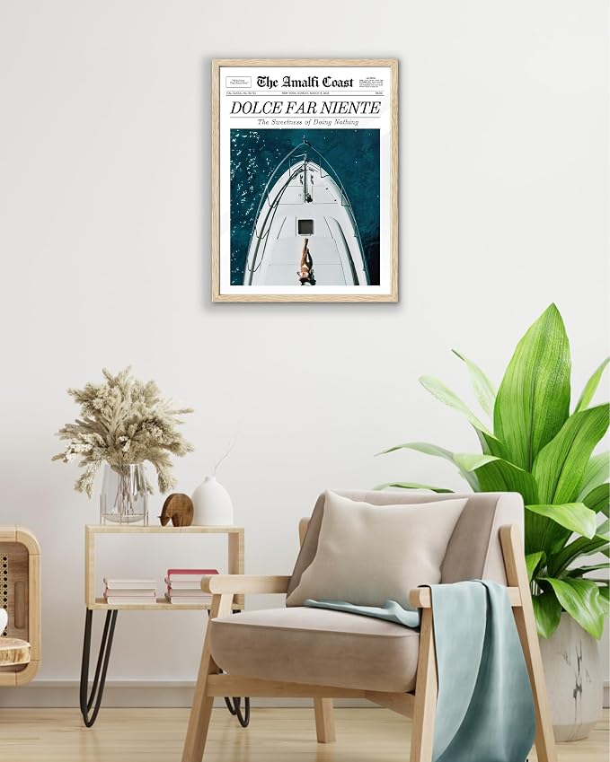 EcoHest Small 8x10 in Dolce Far Niente Newspaper Framed Wall Art | Natural Oak Wood Frame, Canvas Wall Art, Italian Summer Newspaper Decor for Living Room, Bedroom, Apartment, Dorm Room, 1Pack