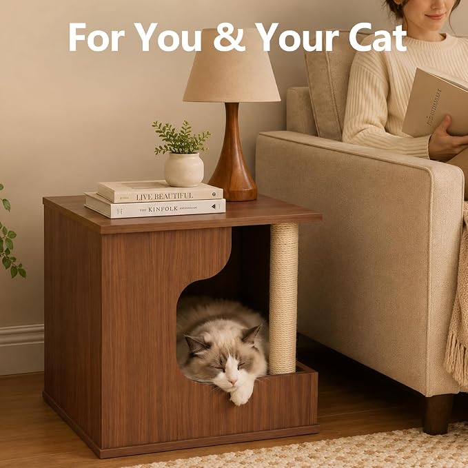 Cat Side Table with Cat Scratching Posts,Cat House with Storage for Living Room | Multi‑Purpose Cat Hideaway Furniture with Sisal Scratching Post, Cat Cave Bed for Indoor Cats, Human‑Pet Shared Table