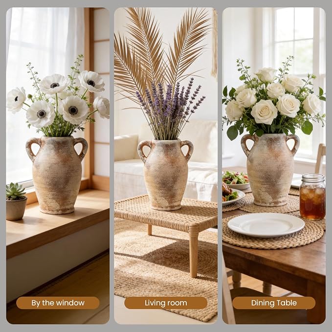 Ceramic Flower Vase, 8.3" Rustic Farmhouse Table Vase, Low Profile Decorative Pottery Vase for Fresh Flowers, Faux Stems, Coffee Table, Kitchen, Bathroom and Shelf Decor