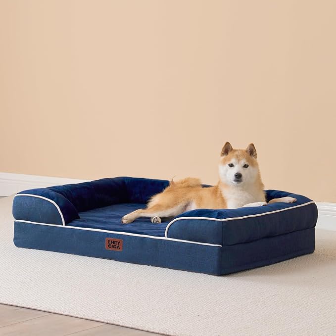 EHEYCIGA Orthopedic Dog Beds Large Sized Dog, Waterproof Washable Pet Bed | Non-Slip Bottom and Egg-Crate Memory Foam Dog Couch Bed with Washable Removable Cover, Navy