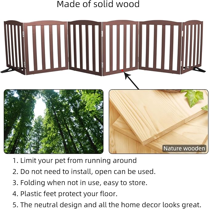 ZJSF Foldable Freestanding Indoor Dog Gate for House Wood Long Pet Gates Dog Fence for Stairs Puppy Gates for Hallways, Puppy Gate,Support Feet Included, Brown, 24 "Height-6 Panels