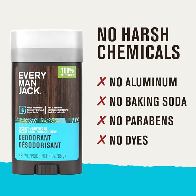 Every Man Jack Coconut Driftwood Men’s Deodorant - Stay Fresh with Aluminum Free Deodorant For all Skin Types - Odor Crushing, Long Lasting, with Naturally Derived Ingredients - 3oz (2 Pack)