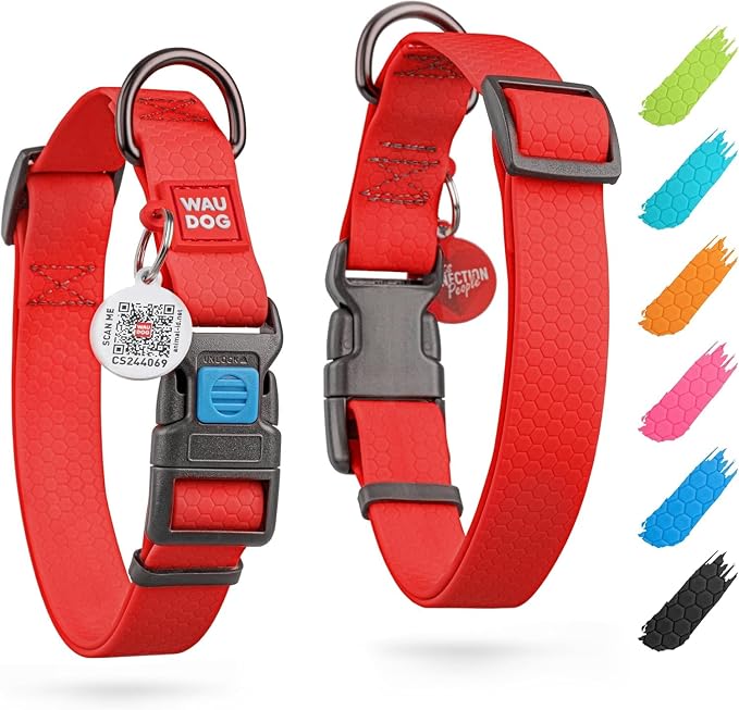 WAUDOG Waterproof Dog Collar Airtag Holder QR Tag Small Medium Large Dogs | Water and Dirt Resistant, Quick Dry QR Pet Tag Adjustable Durable Comfort for Male and Female Dogs Outdoor Walking Training