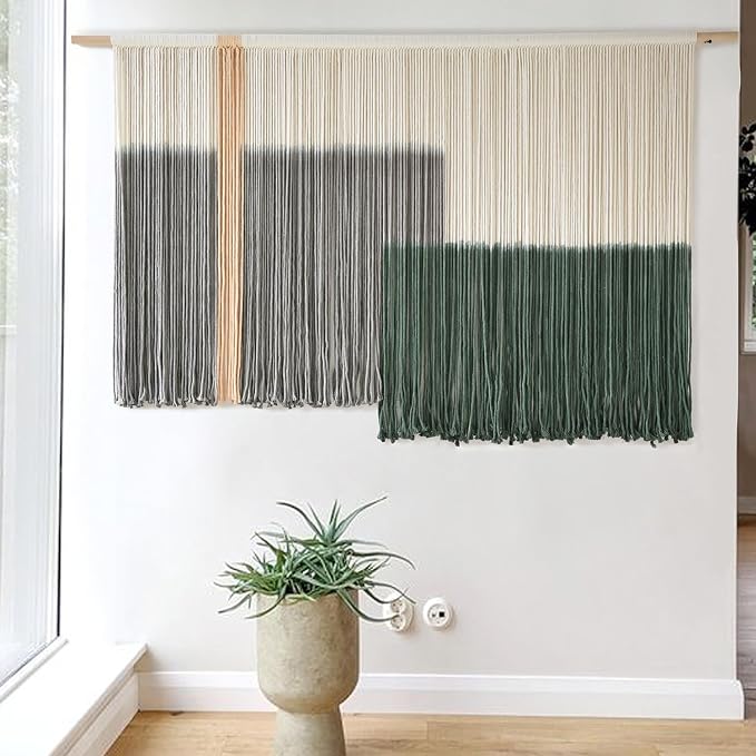 Macrame Wall Hanging Green Large Dip Dye Fiber Wall Art Bohemian Yarn Tapestry Wall Décor 57''W*35''L | Hand Dyed Yarn Wall hanging, Green Dip Dye Design, Boho farmhouse style, for Living Room Bedroom office entryway, home decor