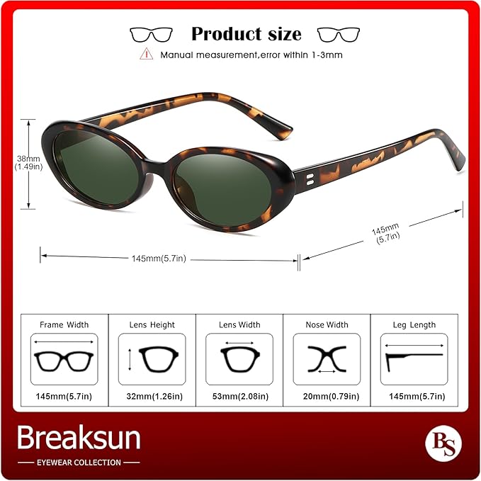 Breaksun Retro Oval Sunglasses for Women Men Fashion Small Oval Sunglasses 90s Vintage Shades
