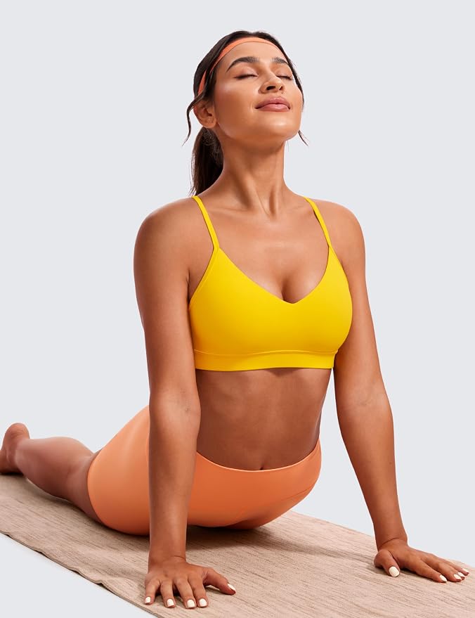 CRZ YOGA Butterluxe V-Neck Sports Bras for Women - Adjustable Thin Straps Padded Yoga Top Basic Wireless Camisole