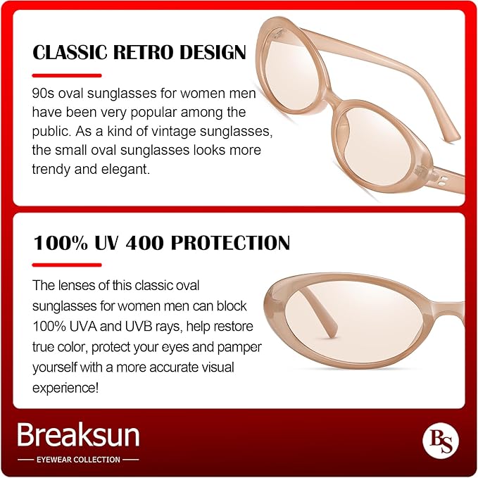Breaksun Retro Oval Sunglasses for Women Men Fashion Small Oval Sunglasses 90s Vintage Shades