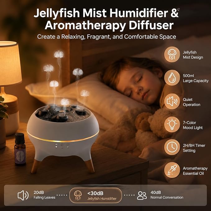 Jellyfish Essential Oil Diffuser, 250ml Aroma Diffuser Humidifier with Remote Control, 7-Color LED Lights, 4/8H Timer, Sound Activated Mist Ring Mode, Cool Mist Diffuser for Bedroom, Desk, Office