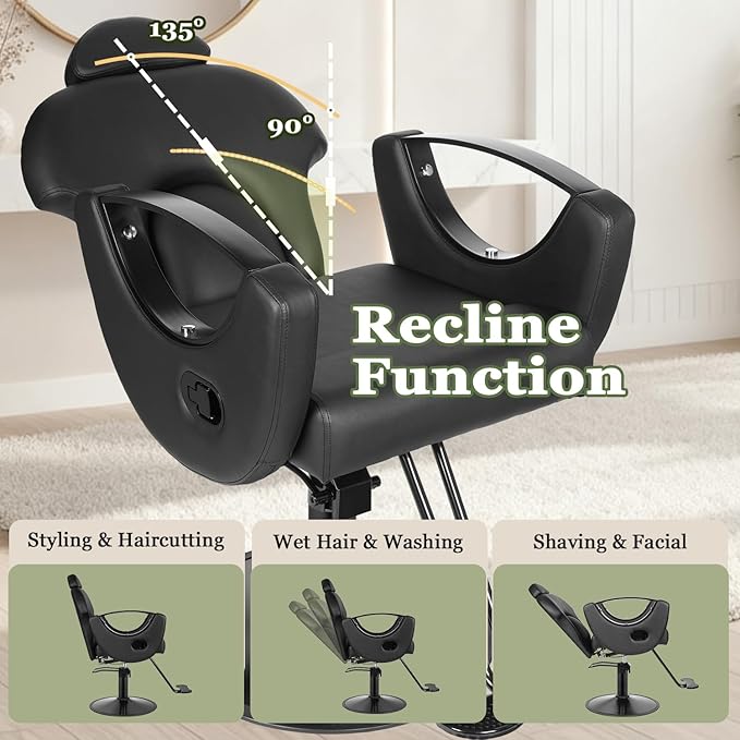 All Black Salon Chair Reclining Hair Chair for Hair Stylist, Heavy Duty Hydraulic Pump Barber Chairs, 360 Swivel Styling Chairs for Home Barbershop Beauty Spa Equipment