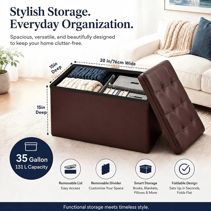 ALASDO 30 Inch Folding Storage Ottoman Bench with Hidden Storage, PU Leather Ottoman Foot Rest Stool, End of Bed Bench for Bedroom, Living Room, Entryway and Closet, Brown