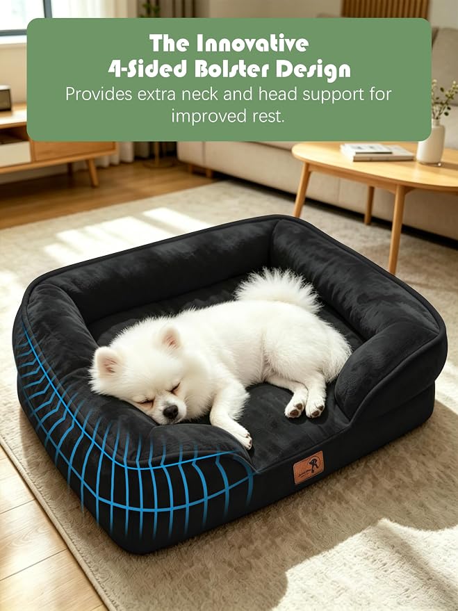 Spotted Play Orthopedic Dog Bed with Sides - Sofa Beds for Small Dogs, Supportive Foam Pet Couch Bed with Washable Removable Cover, Waterproof Lining and Non-Slip Bottom, Black - S