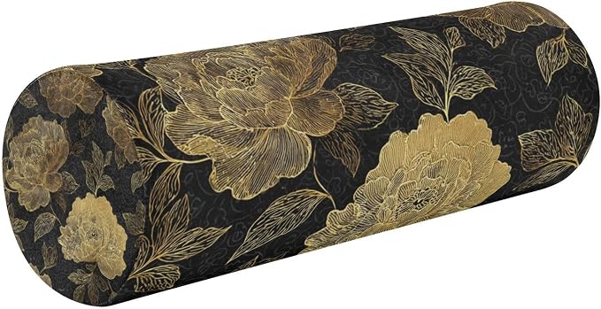 Gold Peony Neck Roll Pillow Bolster Round Health Memory Foam Long Cervical Cylinder Pillows with Removable Washable Cover for Body Bed Legs Back Yoga