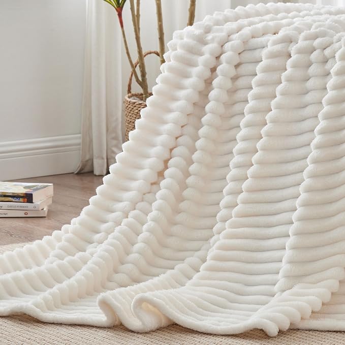 BEDELITE Ribbe Blankets Queen Size for Bed, Cream, 90"x90" | Ultra-Soft Plush Fleece, Warm Yet Lightweight, Ribbed Texture, Home Decor, Machine Washable, Giftable, All-Season Use