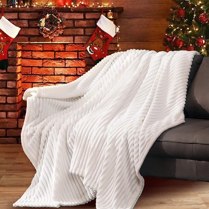 Vessia Flannel Fleece White Throw Blanket(50X70 Inch), Lightweight Warm and Soft Stripe Couch Blanket, Bed Blanket, Cozy Comfy Microfiber Ribbed Sofa Decor for All Season