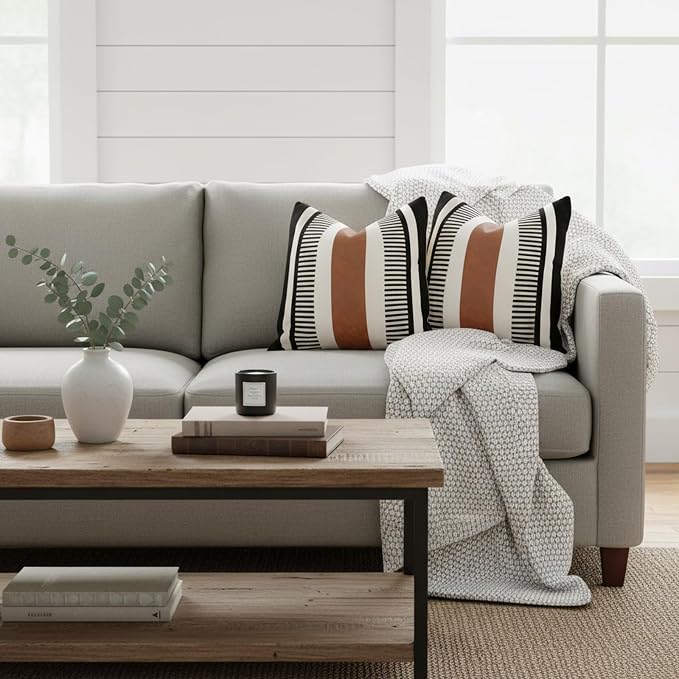 Pack of 2 Farmhouse Throw Pillow Covers for Couch Sofa Decorative Faux Leather Square Cushion Cover Tribal Stripe Accent Pillow Case 18 x 18 Inch,Black