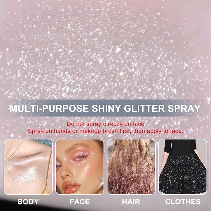 Hair and Body Glitter Spray, Holographic Glitter Highlighter Powder, Hairspray for Clothes, Face Body Shiny Glitter, Loose Shimmer Hairspray Festival Rave Prom Accessories, 4.22 Fl Oz (Silver)