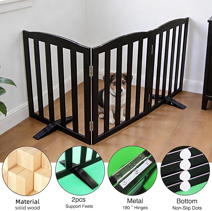 ZJSF Foldable Freestanding Indoor Dog Gate for House Wood Long Pet Gates Dog Fence for Stairs Puppy Gates for Hallways, Puppy Gate,Support Feet Included, Black, 32 "Height-3 Panels