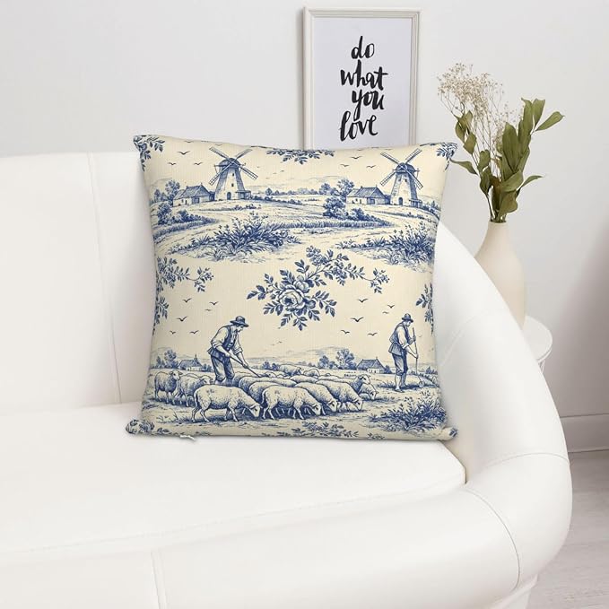French Country Toile Pillow Covers 18x18 Set of 2, Blue & Cream Vintage Throw Pillow Covers Outdoor Decorative Pillow Case for Couch Bed Sofa Cushion Home Decor